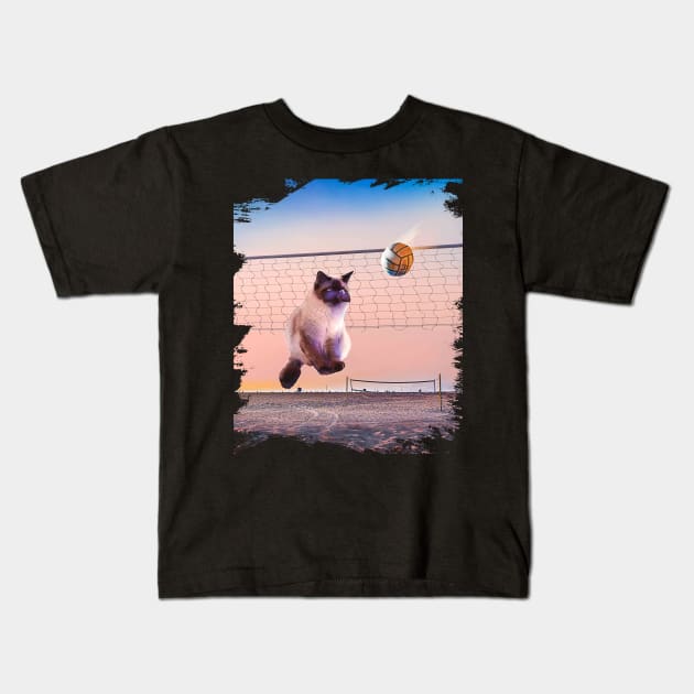 Siamese Cat Playing Beach Volleyball Kids T-Shirt by Random Galaxy